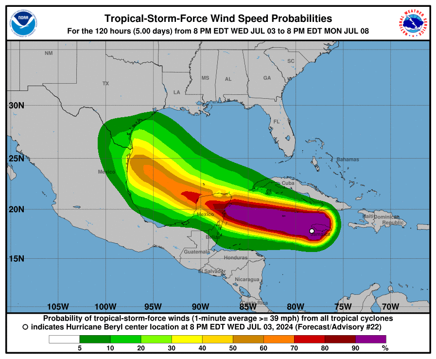 Map shows wind probabilities for Hurricane Beryl (NHC)